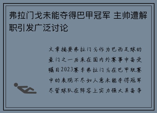 弗拉门戈未能夺得巴甲冠军 主帅遭解职引发广泛讨论 弗拉门戈未能夺得巴甲冠军 主帅遭解职引发广泛讨论